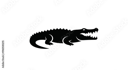 Black silhouette of a crocodile on a white background graphic design