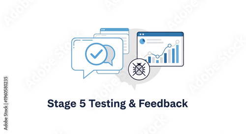 Stage 5 Testing and Feedback: Bug icon, chat bubbles, and analytics graph