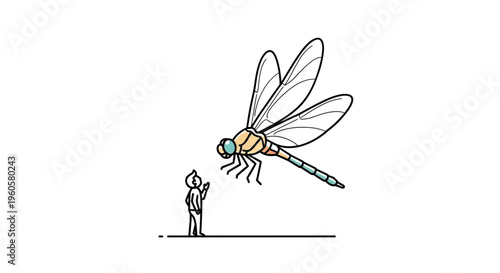 Massive colorful dragonfly confronts a tiny human figure in a striking minimalist illustration