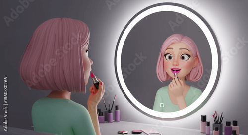 3D Woman Applying Lipstick in Front of Illuminated Mirror, Beauty Routine