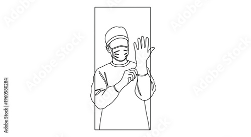 Continuous line illustration of medical practitioner donning protective gloves and mask for