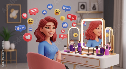 3D Woman Applying Makeup with Social Media Likes and Reactions Flying Around Her