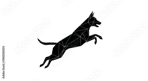 Geometric black dog leaping against a white background concept illustration