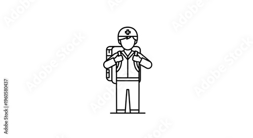 Minimalist line art illustration of an emergency medical responder equipped for critical situations