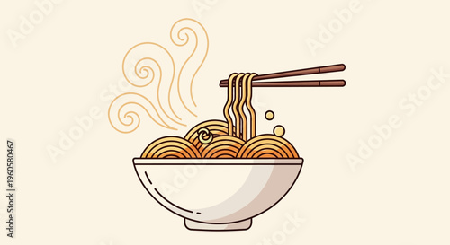 Steaming Bowl of Noodles with Chopsticks - Delicious Asian Food Illustration