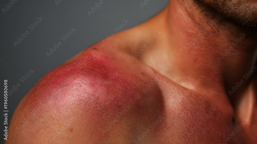 Naklejka premium Sunburn shoulder red skin male torso inflamed skin sunburned shoulder close up skin texture summer injury pain skincare male adult chest clavicle