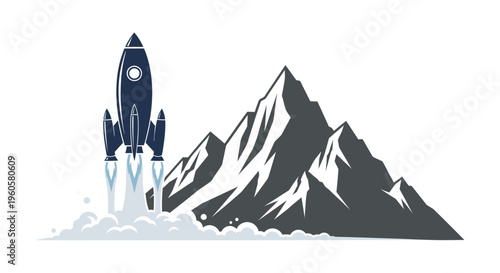 Rocket launching from mountain peak against white background for business concept