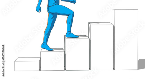 Blue Man Climbing Stairs, Concept of Success, Growth, and Achievement