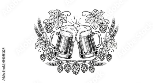 Cheers Beer Mugs with Hops and Wheat - Vintage Sketch Style
