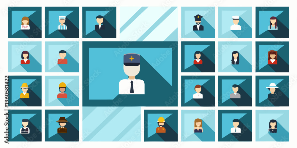 Fototapeta premium Diverse collection of flat design portraits featuring various professions and hats