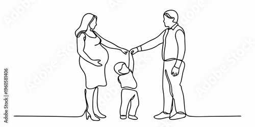 Line drawing of a pregnant woman man and young child together