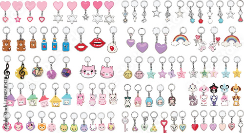 Cute keychain charms collection kawaii accessories with hearts animals and stars vector illustration set