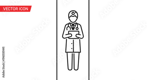 Minimalist vector icon of a doctor with a stethoscope and clipboard representing healthcare