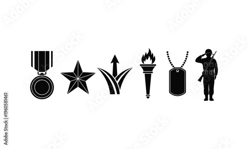 Military honor symbols vector featuring medal star dog tags torch and saluting soldier icon