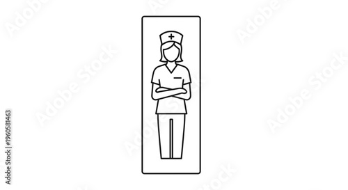 Minimalist line art illustration of a female nurse with crossed arms representing medical care