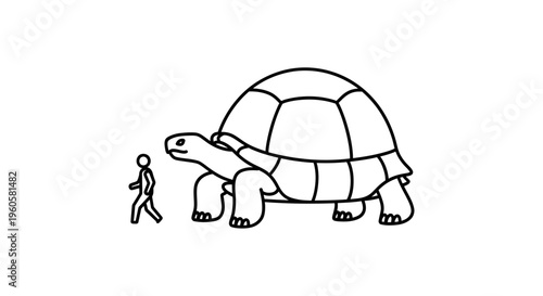 A small human silhouette walking with an enormous outlined land turtle representing scale and