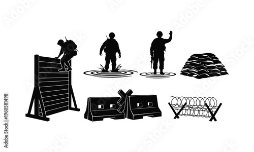Military obstacle course training equipment vector silhouettes for army fitness endurance