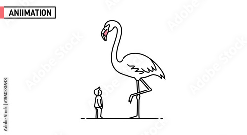 A curious human encounters a majestically oversized flamingo in a stark, minimalist illustration