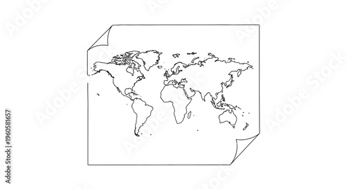 Minimalist outline of global continents on a paper sheet with subtle curled edges, depicting