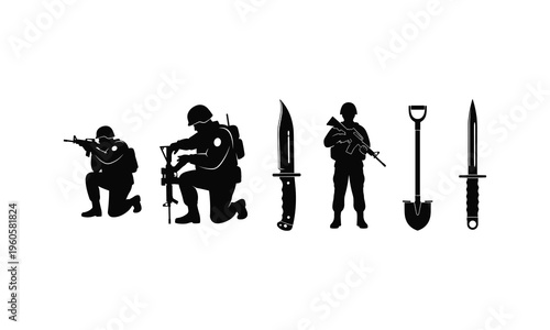Military weapon vector set, silhouette illustration, line art, soldiers, knives, shovel