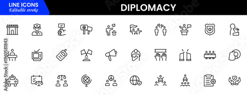 The diplomacy outline icon set comprises spoken and written communication, leaders, diplomats, the international system, and foreign policy. Editable stroke outline icon.