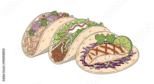 Assortment of Delicious Tacos: Fish, Beef, and Chicken with Fresh Toppings