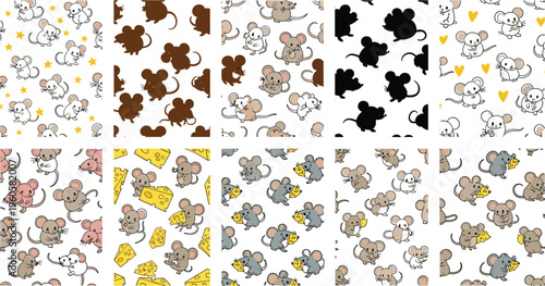 Cute mouse seamless patterns collection cartoon mice with cheese repeat backgrounds vector illustration set