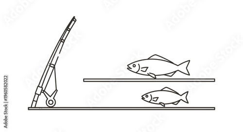 Minimalist line art illustration depicting a fishing rod and two fish swimming in a water