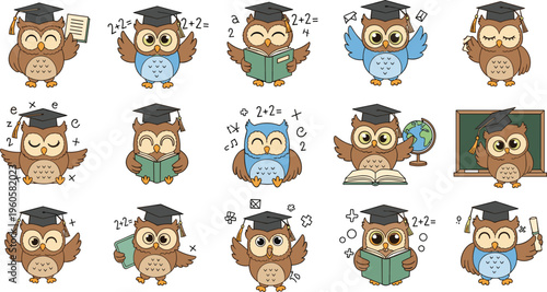 Cute owl teacher characters collection with graduation caps books and school education cartoon vector illustration set