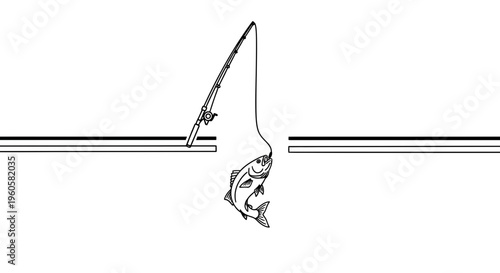 Minimalist line drawing of a fishing rod catching a fish through a subtle opening