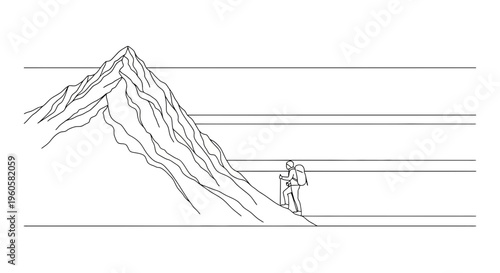 Minimalist outline illustration of a determined person ascending a steep mountain, representing