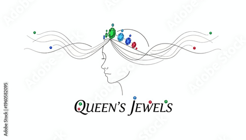 Elegant feminine profile with a colorful gemstone crown and flowing lines for luxurious branding