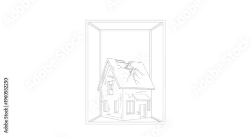 Conceptual line art of a broken house enclosed within a transparent box symbolizing vulnerability