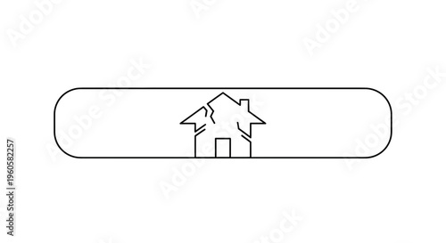 Continuous line drawing of a damaged house icon within a sleek frame, representing property