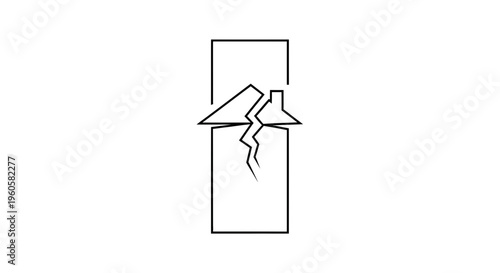 Minimalist line art icon illustrating a house cracking within a frame, signifying damage,