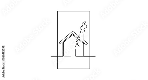 Minimalist continuous line art illustrating a damaged house with a visible crack and smoke rising.