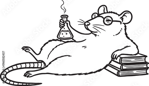 rat wearing glasses holding a beaker on books