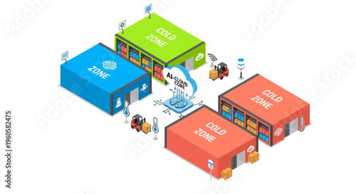 Isometric Smart Cold Storage Warehouse Managed by AI Cloud Core and IoT Technology for Logistics