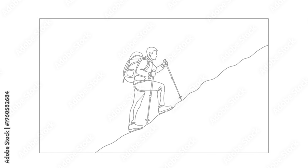 Fototapeta premium Minimalist continuous line illustration depicting a solitary figure ascending an uphill path with