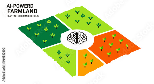 Smart Agriculture Concept Illustrating AI-Powered Farmland and Planting Recommendations with Isometric Field Segments
