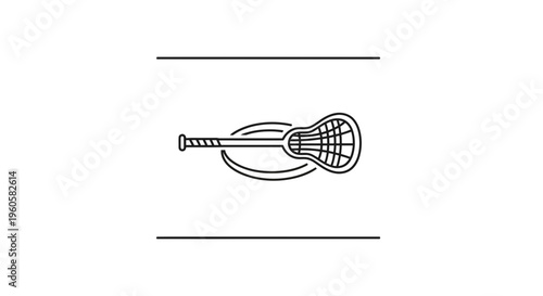 Minimalist black line art illustration of a lacrosse crosse within an elegant oval frame design