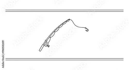 Minimalist continuous line art illustration depicting a fishing rod with reel and hook