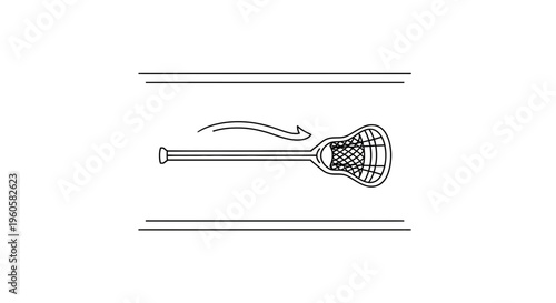 Monochrome line art illustration of a lacrosse stick with a directional movement arrow