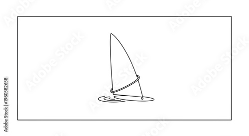 Minimalist continuous line drawing of a windsurfer on calm water showcasing simplicity and movement