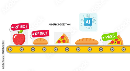 AI Artificial Intelligence for Automated Food Quality Control and Defect Detection on Conveyor Belt Illustration