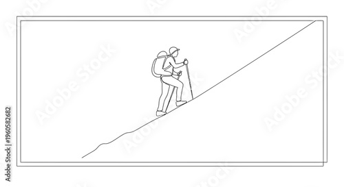 Minimalist continuous line art of a solitary hiker ascending a challenging steep slope