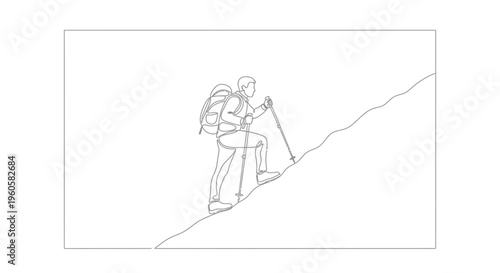 Minimalist continuous line illustration depicting a solitary figure ascending an uphill path with