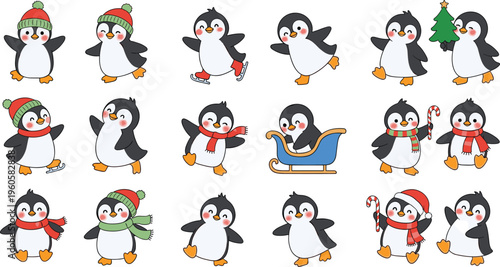 Cute penguin winter characters collection with scarves hats skating and Christmas elements cartoon vector illustration set