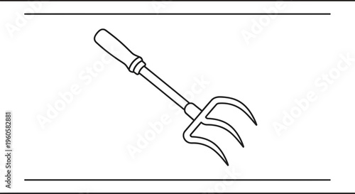 Essential gardening hand tool for soil preparation, simple line art outline illustration,