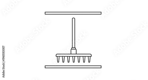 Minimalist linear depiction of a garden rake, essential for soil preparation and landscaping tasks